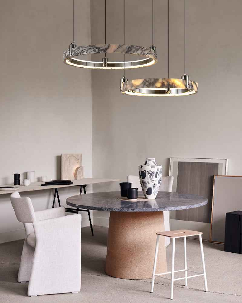 LightsStory Series Geometric Chandelier | Single Ring Premium natural marble, Aged Brass and Black frame for Bedrooms, living areas, and kitchen islands American chandelier