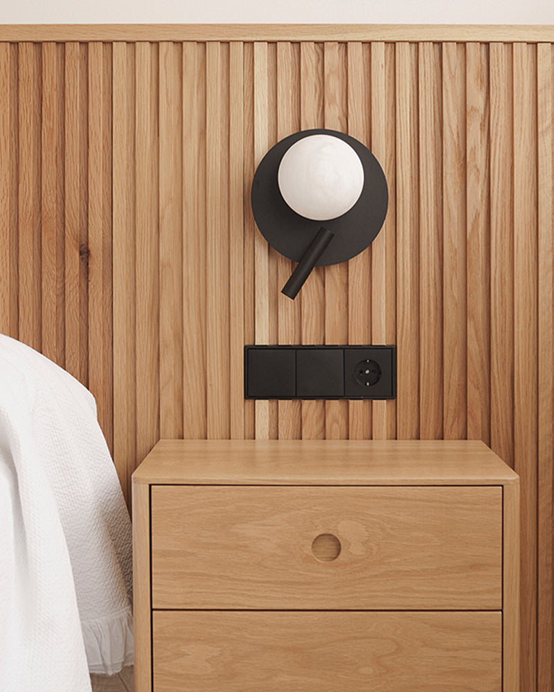 Modern Bedside Indoor Lighting Single Alabaster Globe LED Desk Table Lamp Black Iron Textured