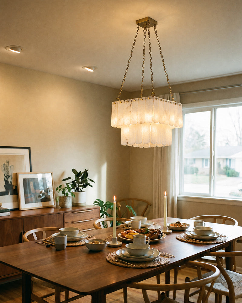 LightsStory Alabaster Square Multi-Tiered Pendant Light, natural stone alabaster with metallic and matte finish - For Kitchen & Dining Rooms
