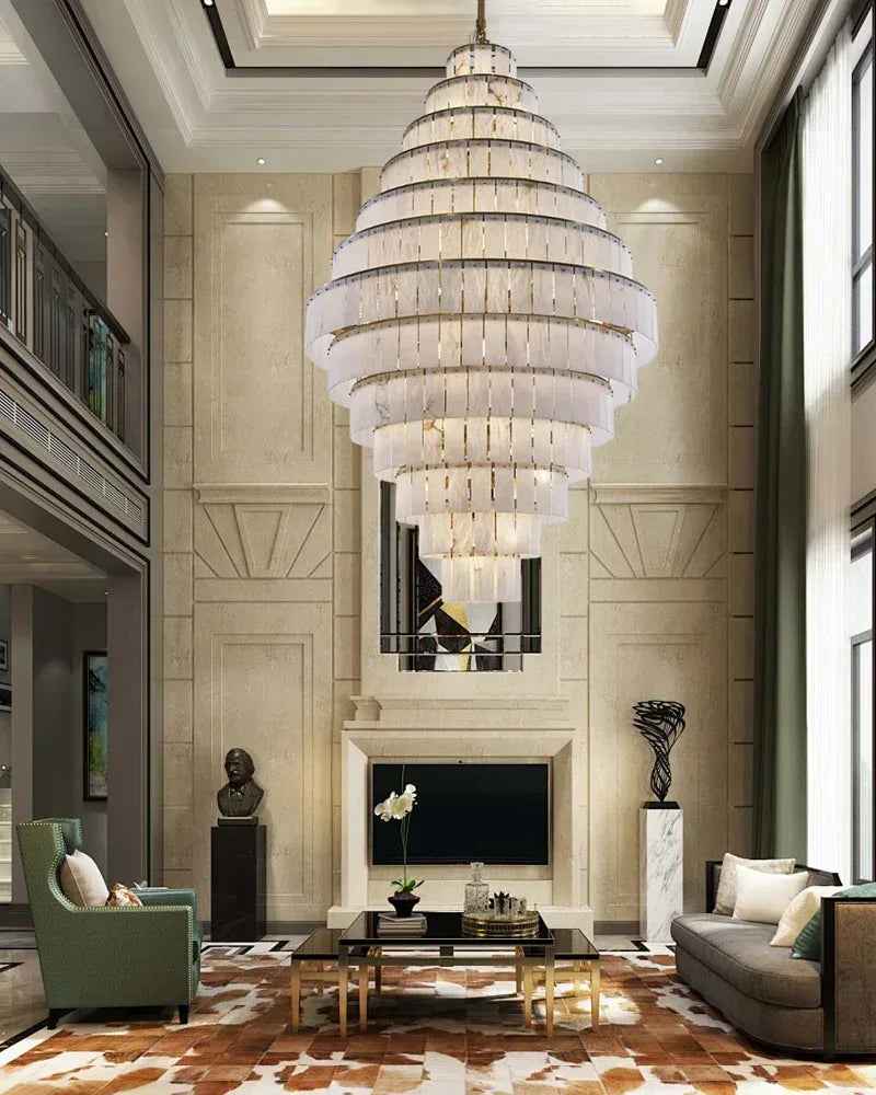 LightsStory Series Geometric Chandelier | Multi-Tiered Rectangular Natural Gypsum Alabaster, Natural Matte Finish for Grand Lobbies and Spacious Entrances Luxury Modern Chandelier