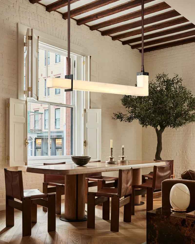 LightsStory Series Geometric Linear Pendant Light | Linear Natural Spanish Alabaster and Brown Leather, Matte Black finish for Kitchen Islands and Dining Rooms American chandelier