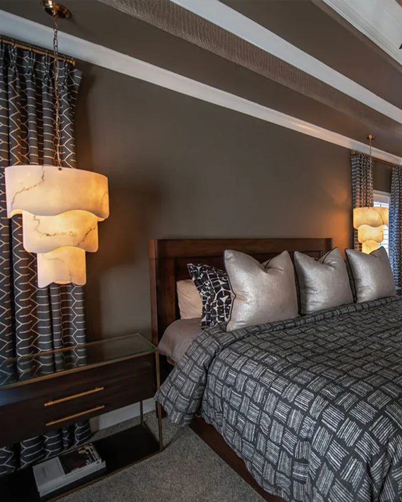 White Alabaster and Antique Brass Finish Layered Pendant Light Wide 18" Modern Pendant lamp