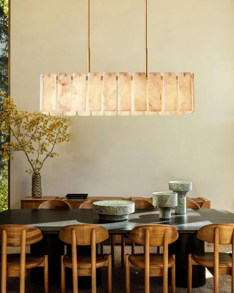 Lacquered Burnished Brass/Black Rectangular Calamette Alabaster Lighting Collection 59" 71" American chandelier