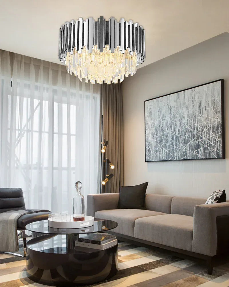 Luxury Multi Tier Crystal Round Ceiling Light Fixtures In Chrome Stainless Steel Flush Mounted Ceiling Lamp