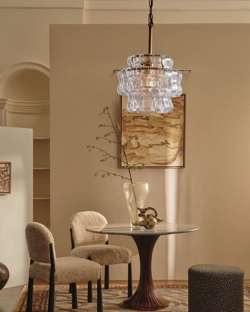 Ghiaccio Glass Round Chandelier Wide 12" in Brass/Bronze Aluminum Chain