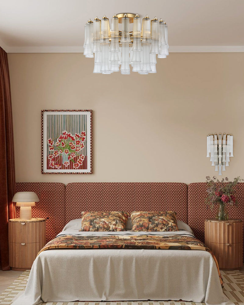 Bellagio Fluted Opal Glass Double Tier Ceiling Light - Semi Flush Mount, Lux Brass Trim - Bedrooms & Living Rooms
