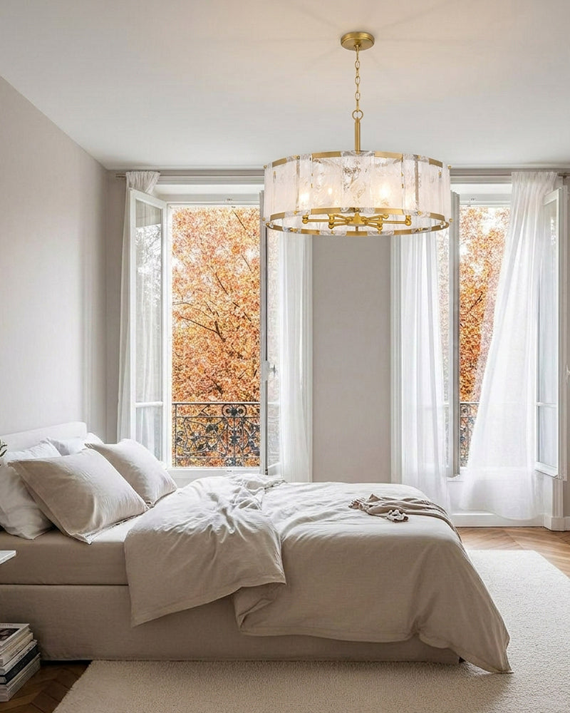 Solstice Ghiaccio Glass Drum Pendant Light - Textured Ice Glass, Lux Gold Trim - Dining Rooms & Living Rooms