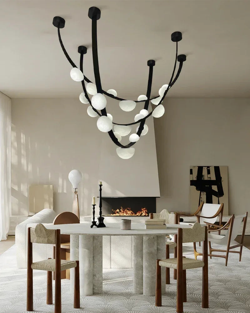 Semi-Oval Marble Chandeliers with U-shaped leather strip,5/7-light on one belt Modern Pendant lamp