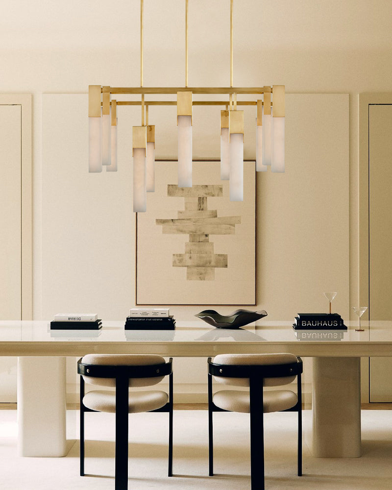 8 Lights Organic Elegance Linear Convet Alabaster Chandelier Antique Burnished Black