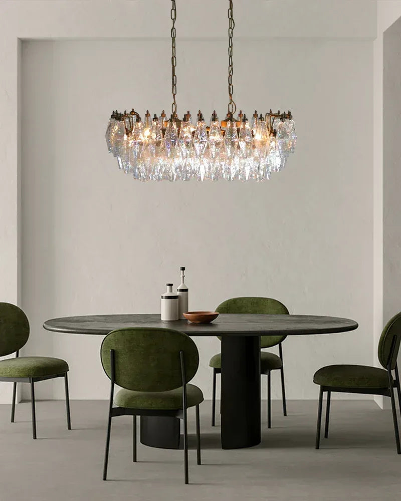 LightsStory Series Ethereal Chandelier | Rectangular Poliedri Hand-blown Murano textured glass, Plated-brass or bronze accents for Dining Rooms and Living Areas American chandelier