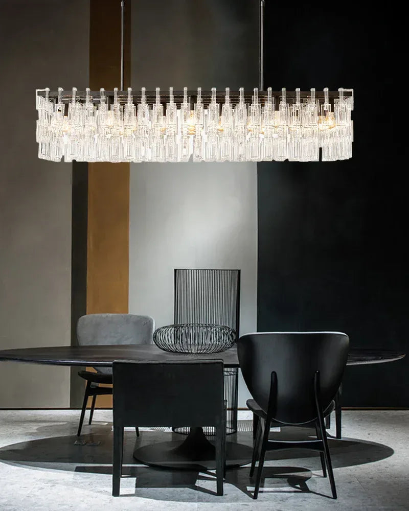 LightsStory Series Prismatic Chandelier | Linear Rectangular Hand-set Prismatic Crystals and Interlocking Steel, Dual-Tone Satin Gold and Matte Black for Entryways, Dining Areas, and Bedrooms American chandelier