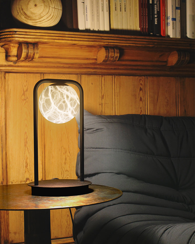 Modern Bedside Indoor Lighting Single Alabaster Globe LED Desk Table Lamp Black Iron Textured