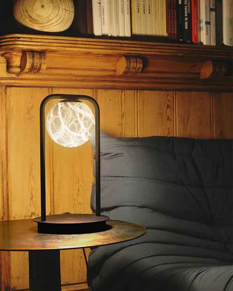 LightsStory Series Ethereal Wall Light | Alabaster Globe Hand-Carved Natural Alabaster Stone, Antique Black Iron finish for Hallways and Entryways Flush Mounted Wall Sconce Lamp