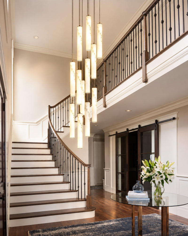 Cora Alabaster Halo Capsule Cluster Pendant Light - Natural Spanish Alabaster, Lux Gold Trim - Foyer, Stairwells & Living Rooms
