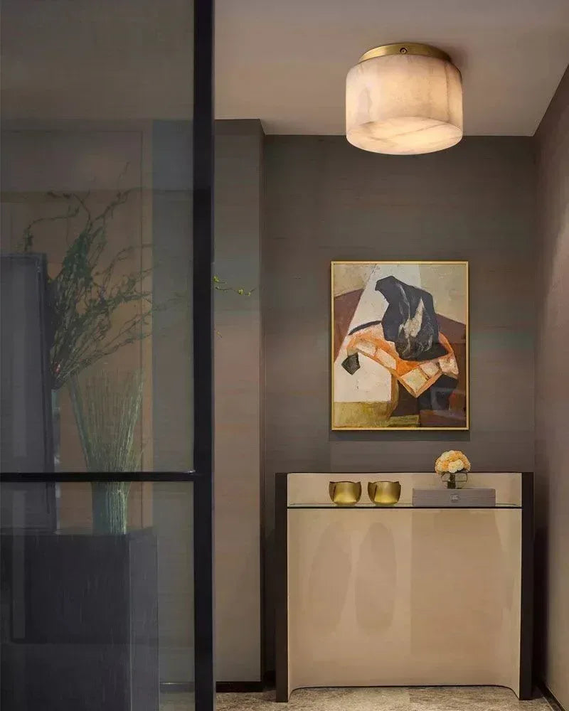 LightsStory Series Ethereal Flush Mount Ceiling Light | Round Alabaster Translucent calcite alabaster stone with durable copper metal, Polished Brass for Bedrooms, corridors, and living rooms Modern Ceiling lamp
