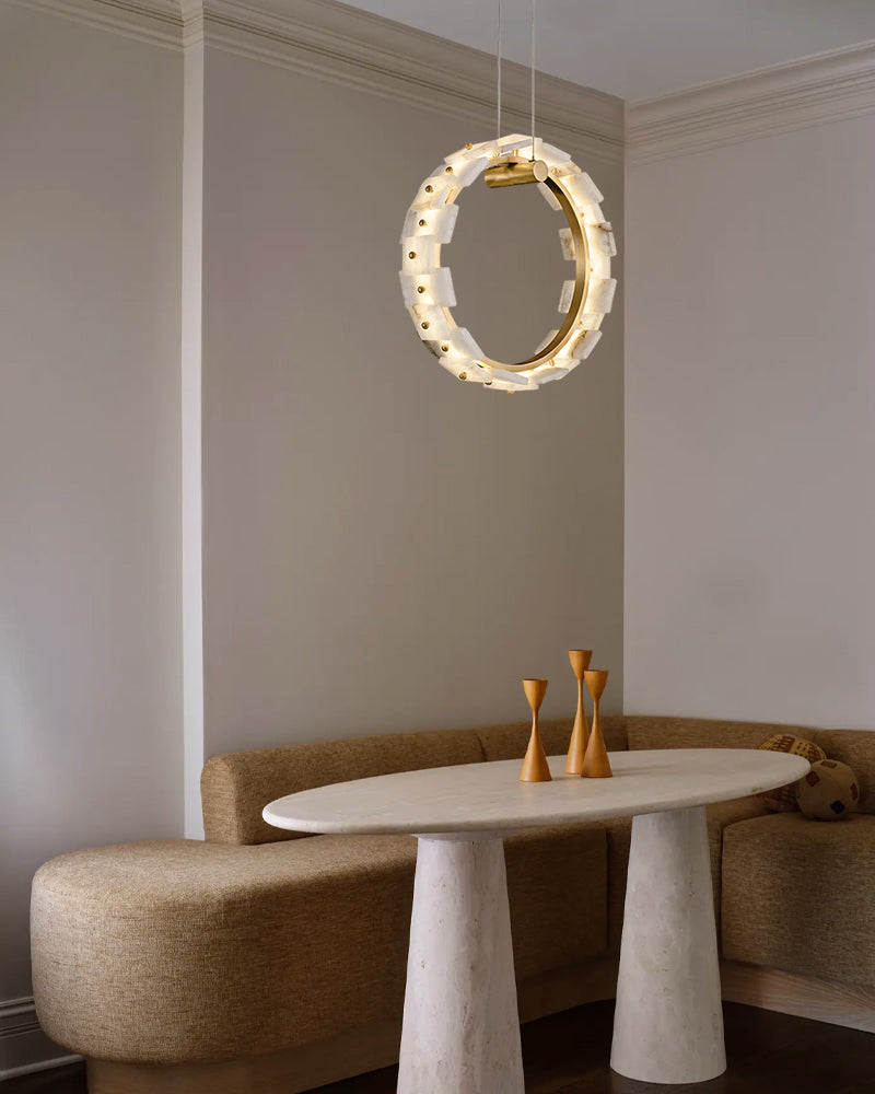 Marble Circle Hanging Lamp Minimalism White and Brass Alabaster Halo Chandelier Dining Table