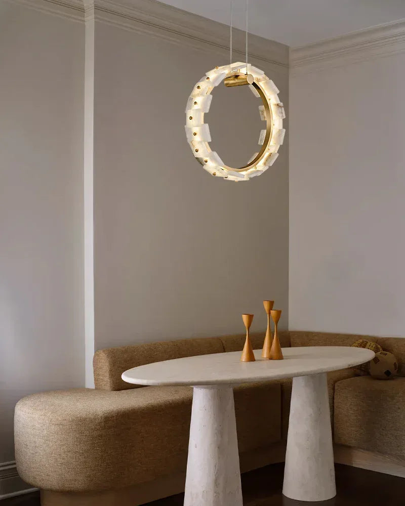 Marble Circle Hanging Lamp Minimalism White and Brass Alabaster Halo Chandelier Dining Table Luxury Modern Chandelier