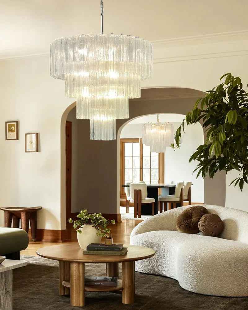 Cortina Series Cascading Chandelier | Multi-tiered Fluted Glass Handcrafted fluted clear Murano-inspired glass tubes, Satin Brass and Chrome for Grand entrances and dining rooms American chandelier