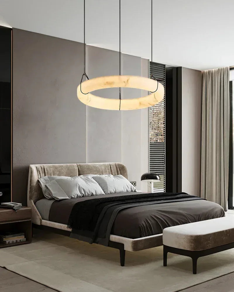 Dia 31.5" Black Metal Modern Single Ring Alabaster Pendant Light,60W Modern Pendant lamp