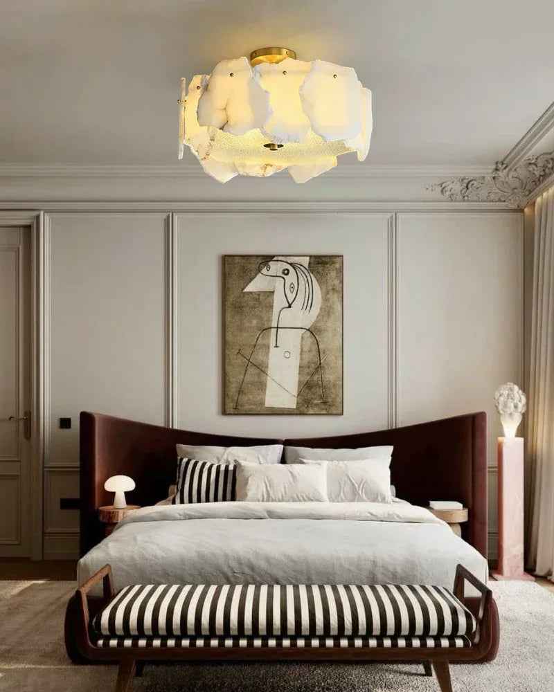 LightsStory Series Geometric Semi Flush Mount | Round Polished brass and smooth marble-textured alabaster, Polished Brass finish for Entryways, dining rooms, and living spaces Flush Mounted Ceiling Lamp