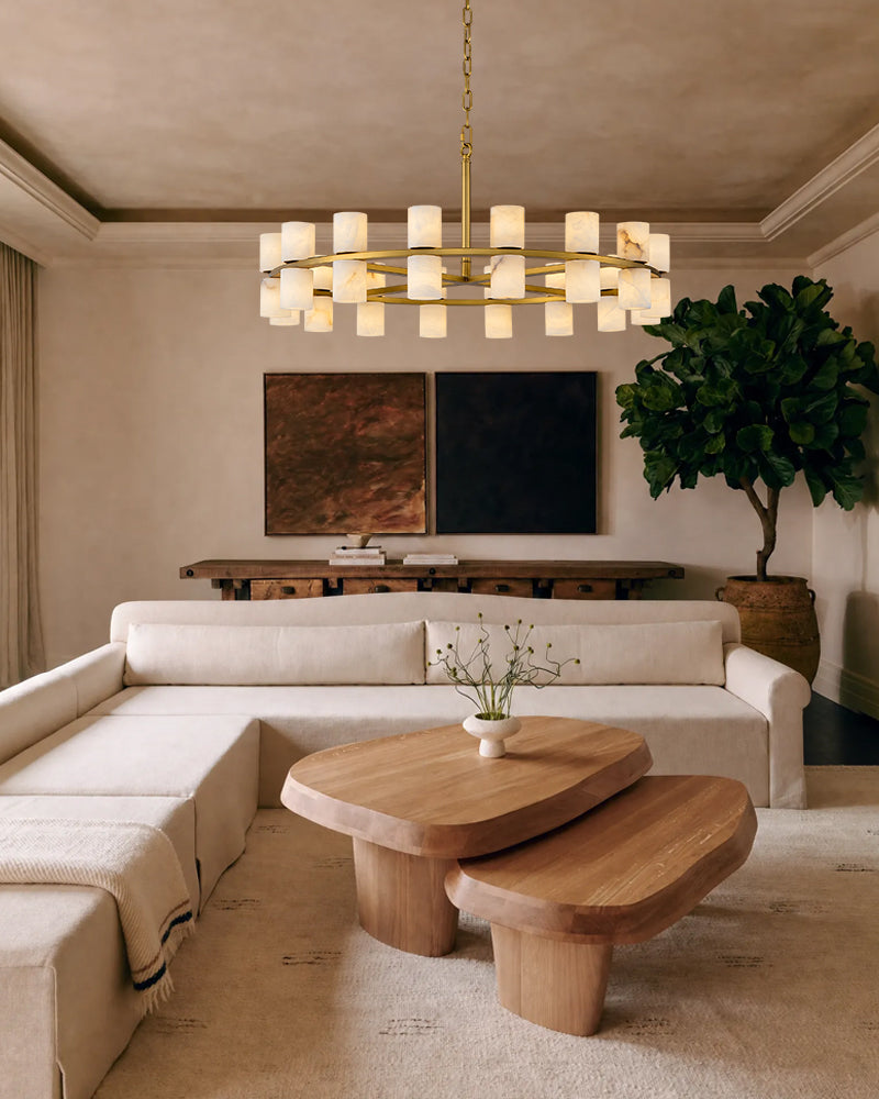 Alabaster Dual Candle Halo Ring Candelabra Chandelier- Natural Spanish Alabaster, Heritage Brass Trim - Living Rooms, Dining Rooms, Lobby, Stairwells
