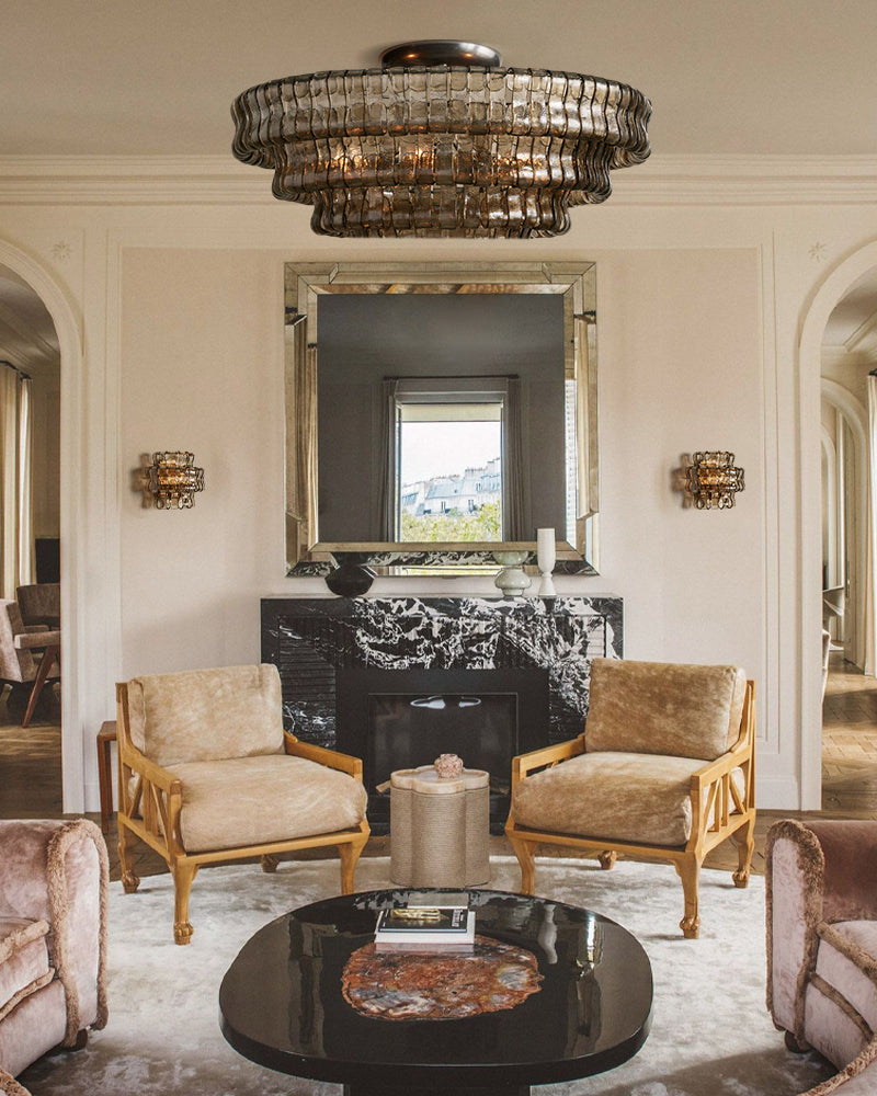 Transparent/Smoke Tier Glass Ghiaccio Ceiling Light Fixtures in Bronze /Brass Finishes
