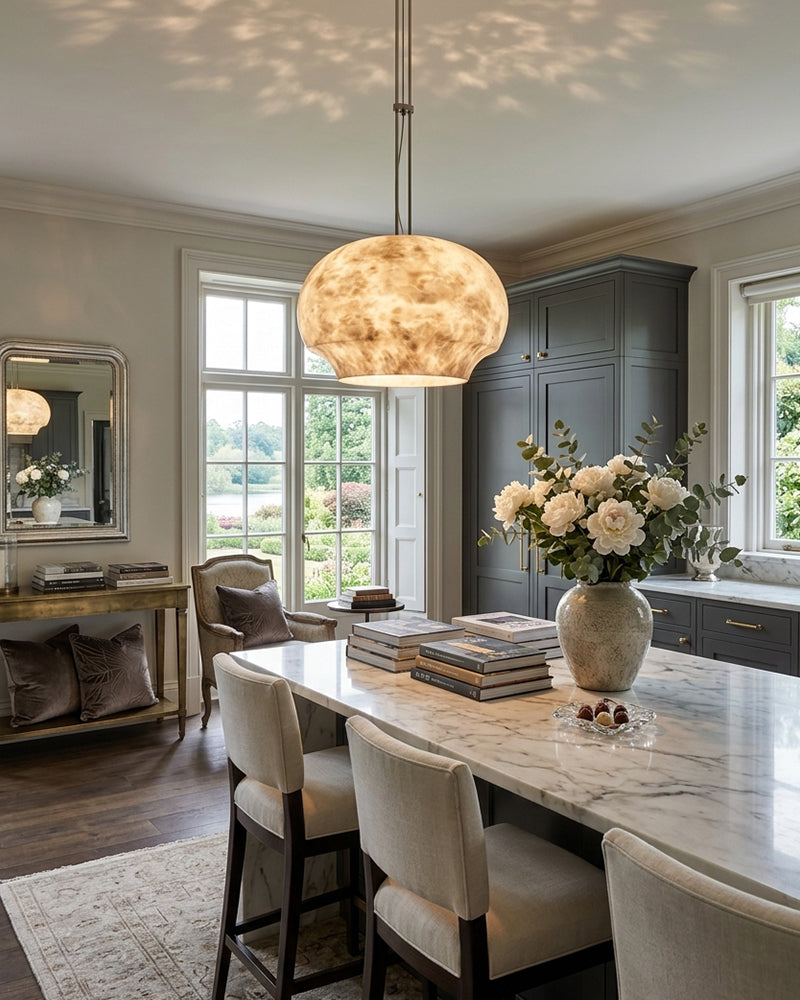 Alabaster Sculptural Geometric Halo Drum Pendant Light - Natural Spanish Alabaster, Serene Black Trim - Kitchens, Dining & Living Rooms
