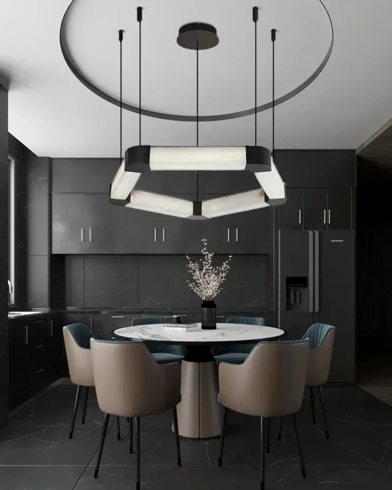 Ring lamps on string suspension in the form of pentagons made of Spanish marble and metal corners American Vintage chandelier lamp