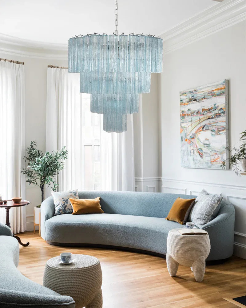 Elegant Murano Hand-blown Blue Glass Tube Multi-Tier Chandelier in Silver Frame American chandelier