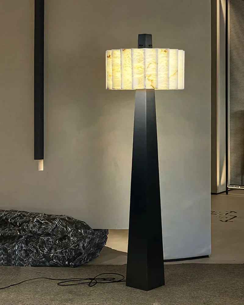 LightsStory Series Geometric Floor Lamp | Sculptural Minimalism Hand-Carved Spanish Nature Alabaster, Black Stainless Steel base for Living Rooms and Reading Nooks American standing floor lamp