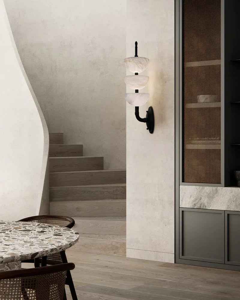 LightsStory Series Geometric Wall Sconce | Semi-Oval Natural marble and snowflake gypsum, Brass finish for Living rooms and bedrooms Flush Mounted Wall Sconce Lamp