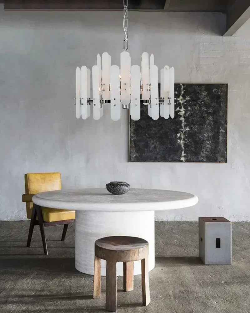 Large Alabaster Rectangular Chandelier Wide 40“ 45” with Chrome Frame for dining room American chandelier