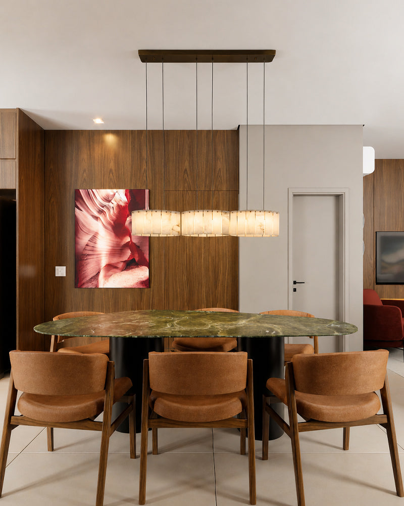 Alabaster Swirl Concentric Panel Tiered Linear Pendant Light - Natural Spanish Alabaster Panels, Lux Gold Trim - Kitchen Islands & Dining Rooms