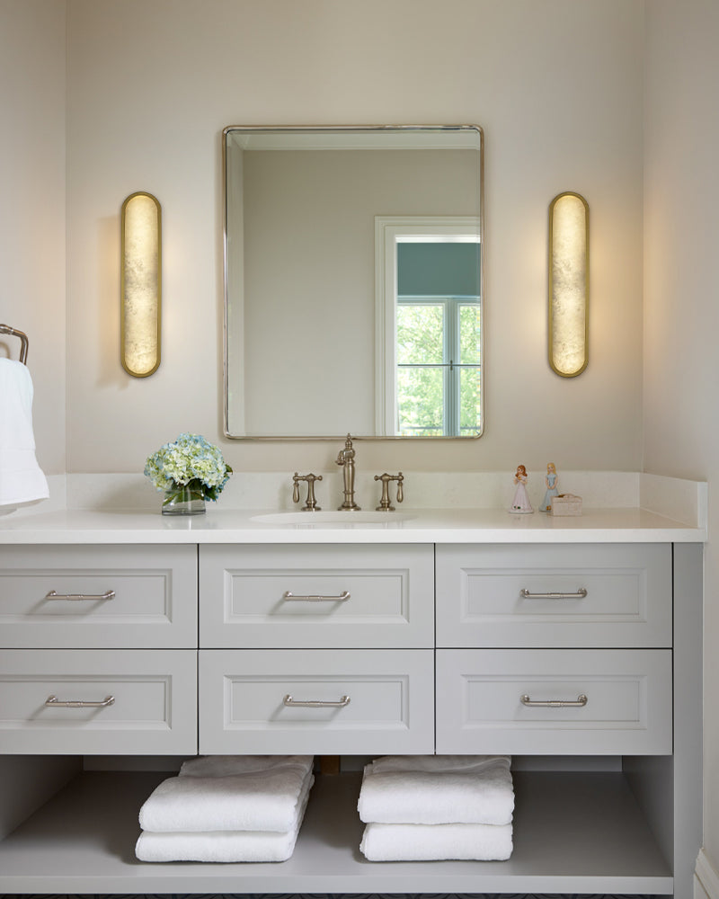 Brass/Black Metalwork LED Bathroom Vanity Sconce Marble Shade Geometric Wall Light Fixtures