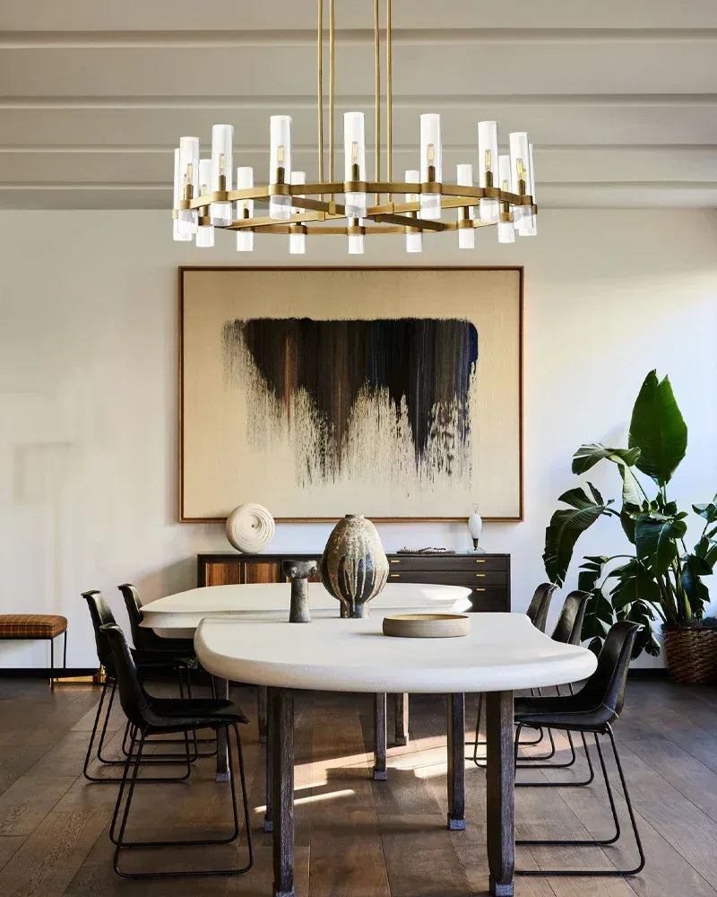 Ravelle Series Geometric Chandelier | Linear Premium hand-blown glass and solid brass construction, Lacquered black brass finish for Dining Rooms and Kitchen Islands American chandelier