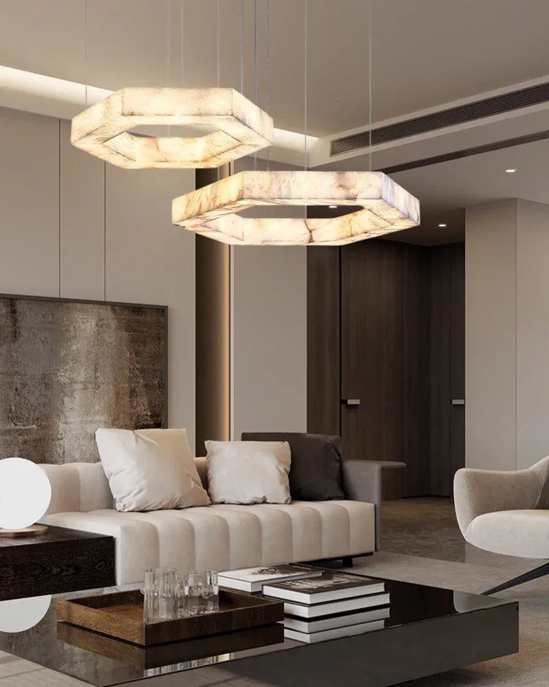 Hexagon Marble Pendant Lamp with adjustable cord & stepless dimming,20“24”31“40” Dia Vintage Simple Pendant Lamp