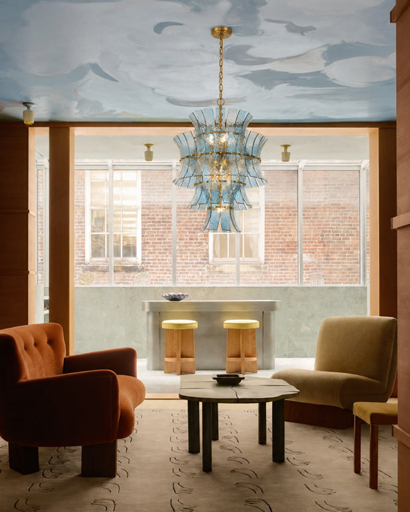 Ghiaccio Glass Azure Blue Cascade Multi Tiered Waterfall Chandelier - Heritage Brass Trim - Living Room & Dining Room