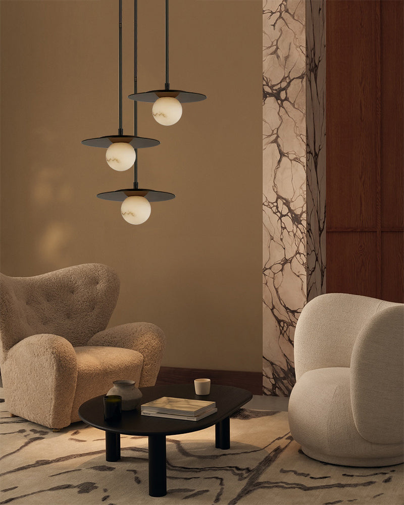 Minimalist Disc Pendant Light Hammered Finish White Hand Blown Alabaster Globe For Sale