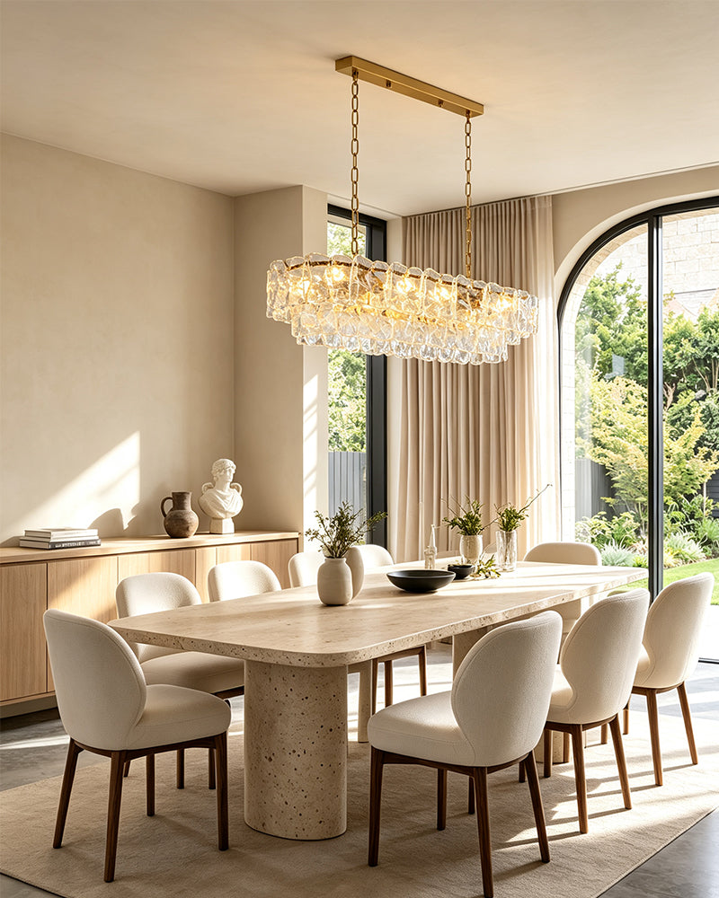 Chiara Murano Glass Contemporary Ghiaccio Panel Linear Chandelier - Lux Gold Trim - Kitchen Islands & Dining Rooms