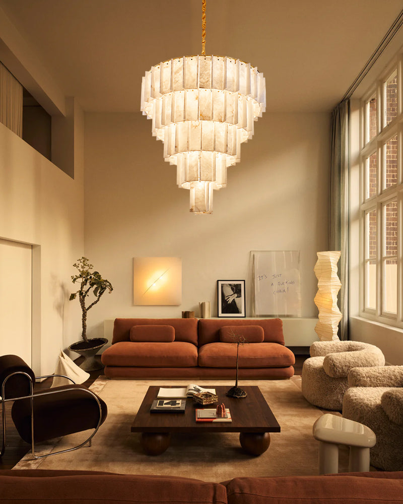 Linear Rectaggered Alabaster Panel Chandelier - Multi-layer Stone