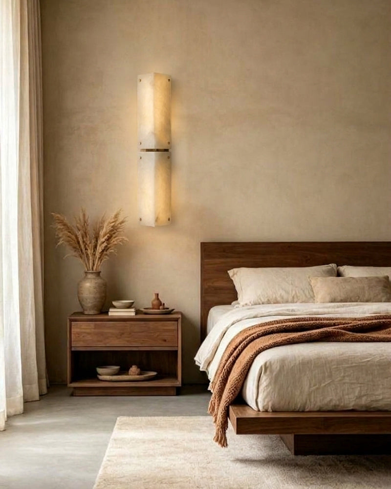 Alabaster Double Cylinder Wall Sconce - Natural Spanish Alabaster, Serene Black Trim - Bedrooms, Hallways & Bathrooms