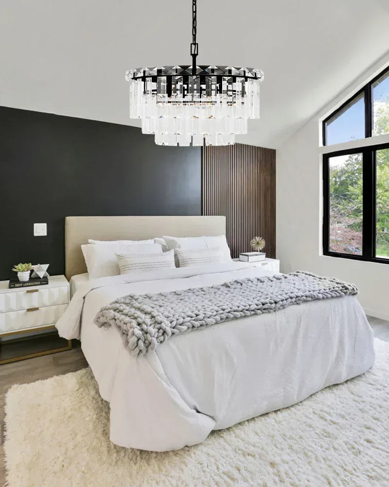 Warm Ambiance LED Arden Tiered Crystal Round Chandelier Brushed Chrome Stainless American chandelier