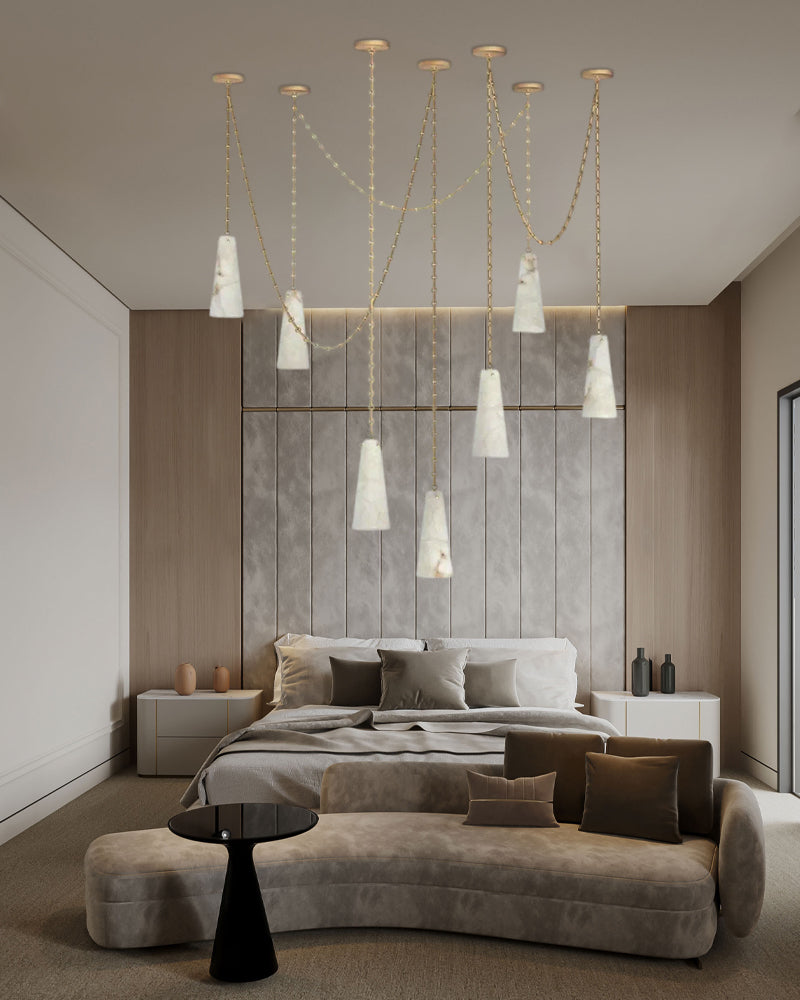 Modern Alabaster Chandelier 2 Light, Double Pendant with adjustable brass/black chain