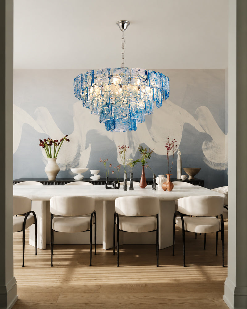 Murano Glass Azure Blue Circular Prism Multi Tiered Waterfall Chandelier - Handblown Glass, Brass Trim - Living Rooms, Dining Rooms & Bedrooms