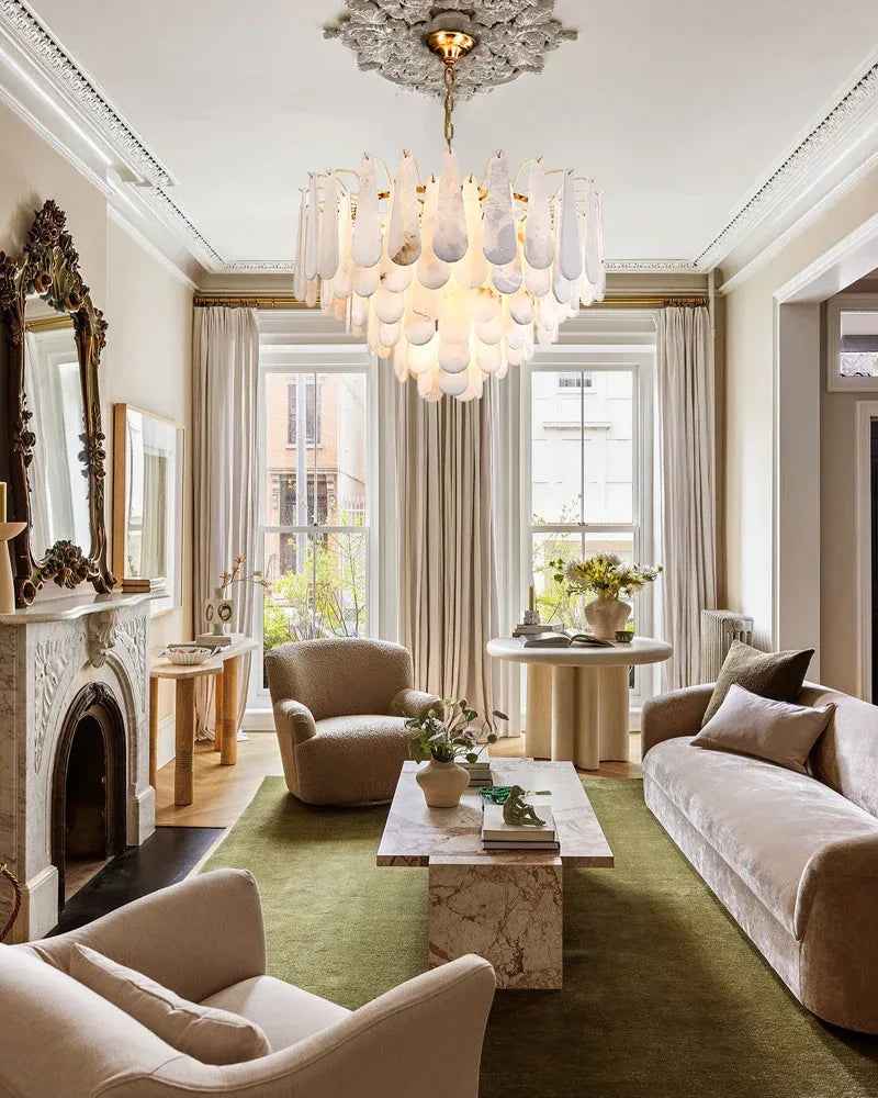 LightsStory Series Prismatic Chandelier | Minimalist Tiered Raindrop Thick marble-derived Alabaster, Natural Stone finish for Foyers, Entrances, and Dining Rooms American Vintage chandelier lamp
