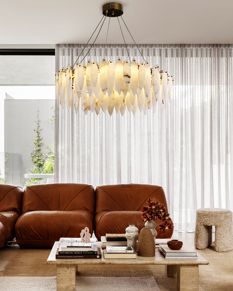 Alabaster Grande Statement Petal Prism Waterfall Chandelier - Natural Spanish Alabaster, Lux Gold Trim - Statement Entrances, Lobby, Stairwells & High Ceilings