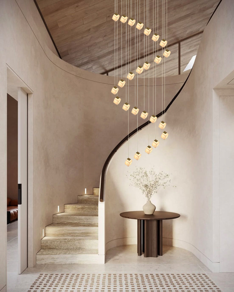 Alabaster Cube Cluster Sculptural Pendant Light - Natural Spanish Alabaster, Lux Gold Trim - Lobby, Foyer, Stairwells and High Ceilings