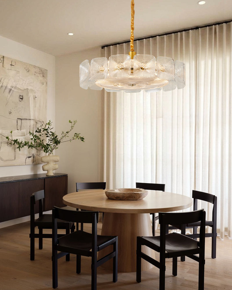 Emerald Clear Ghiaccio Glass Halo Ring Chandelier - Emerald Glass, Lux Brass Trim - Living Rooms, Bedrooms, Dining Rooms