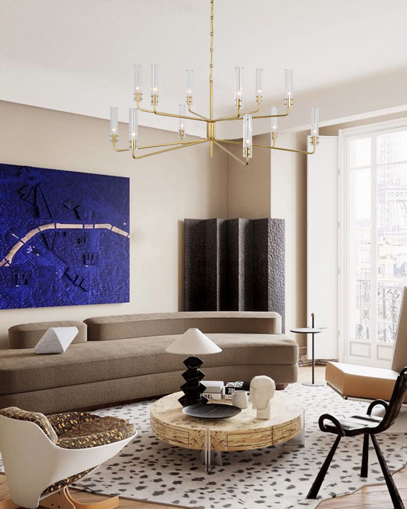 Brushed Chrome Metalwork Chandelier with Textured Slender Clear Glass Cylinders
