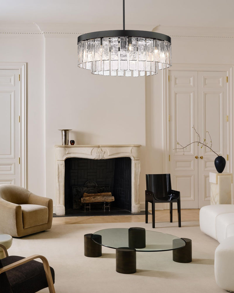 Courmayeur Series Luminous Chandelier | Multi-tier Hammered Water Glass Hammered water glass shade with durable metal frame, Matte Black and White Gold for Living rooms and dining areas Luxury Drum Round Chandelier